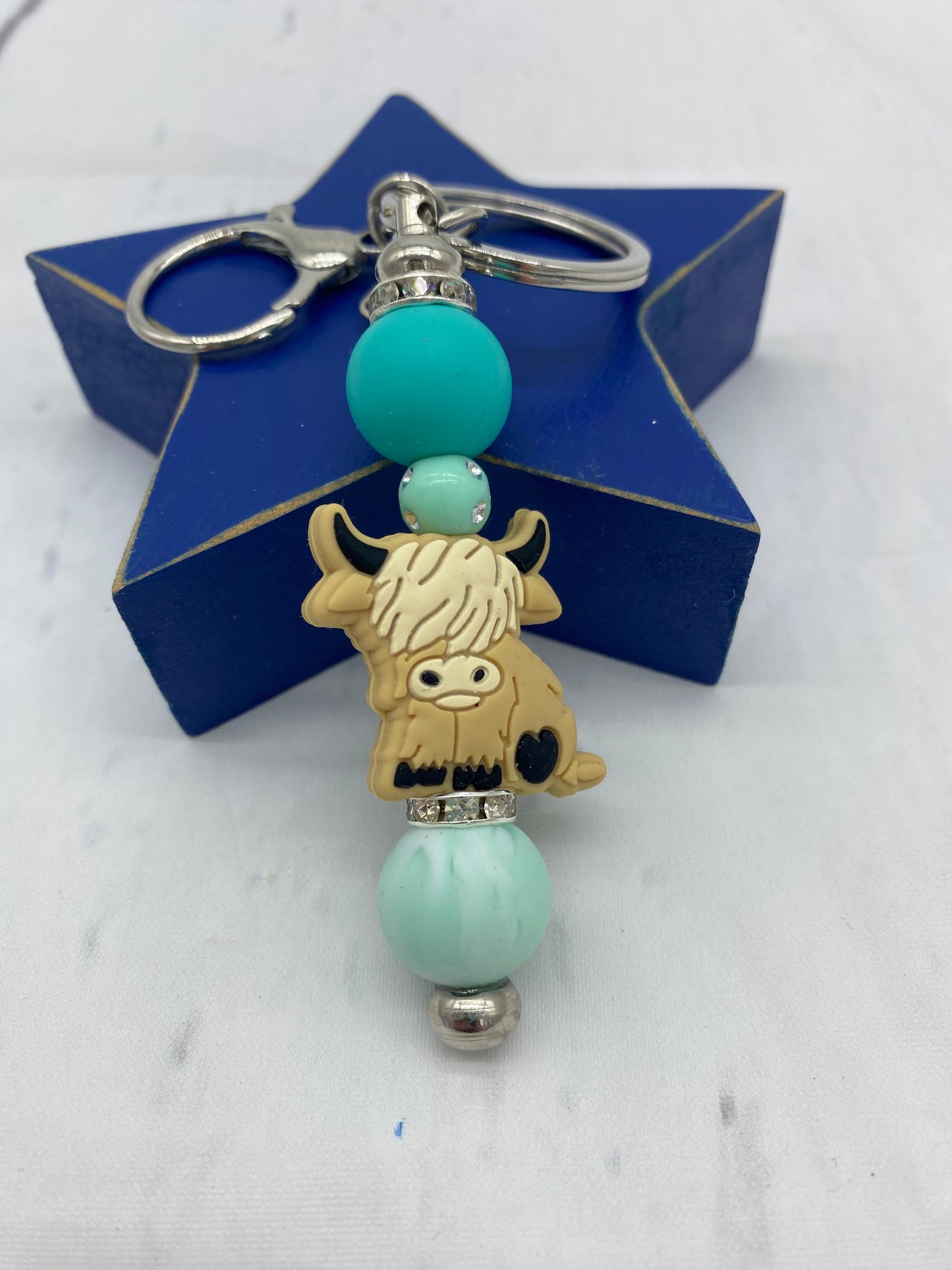 Teal Highland Cow Keychain